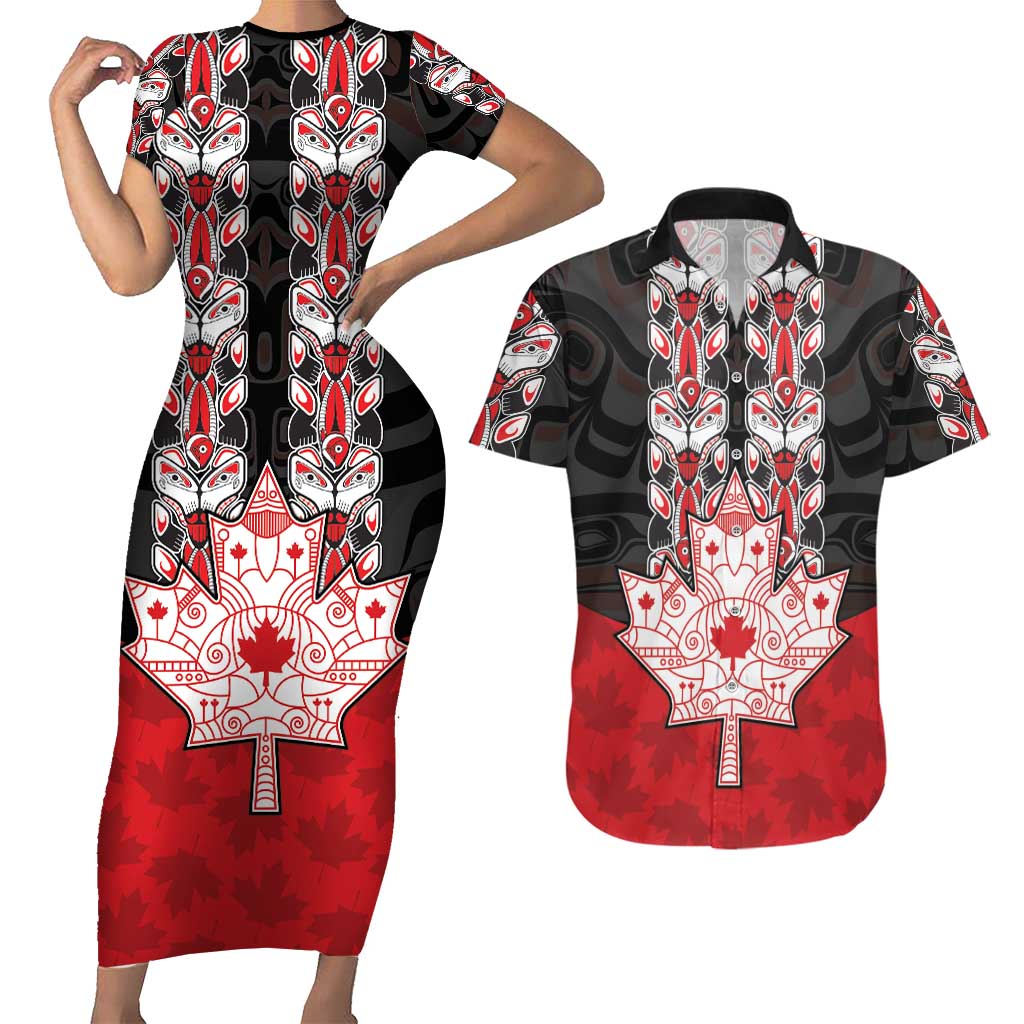 Personalised Canada Maple Leaf Couples Matching Short Sleeve Bodycon Dress and Hawaiian Shirt Haida Totem Inspired Art