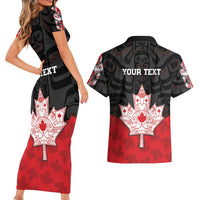 Personalised Canada Maple Leaf Couples Matching Short Sleeve Bodycon Dress and Hawaiian Shirt Haida Totem Inspired Art