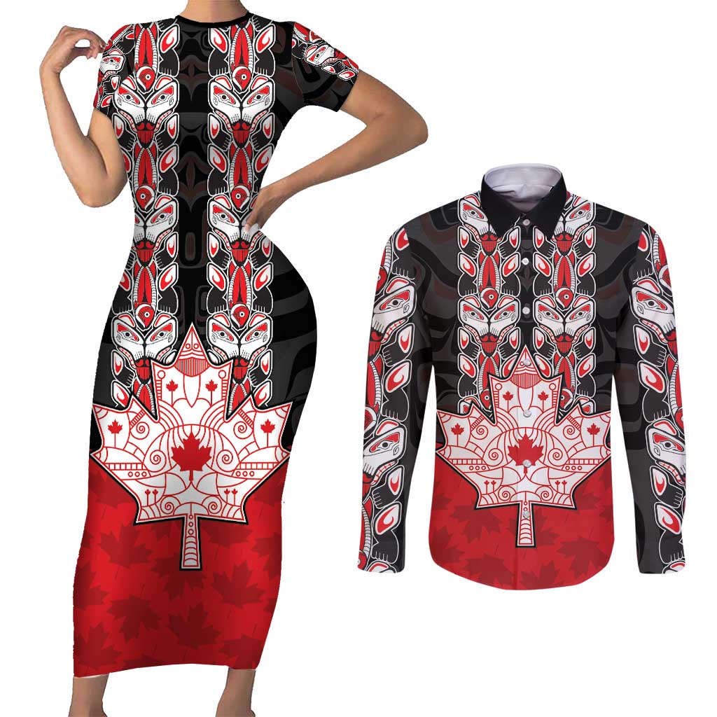 Personalised Canada Maple Leaf Couples Matching Short Sleeve Bodycon Dress and Long Sleeve Button Shirt Haida Totem Inspired Art