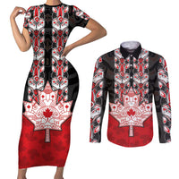 Personalised Canada Maple Leaf Couples Matching Short Sleeve Bodycon Dress and Long Sleeve Button Shirt Haida Totem Inspired Art