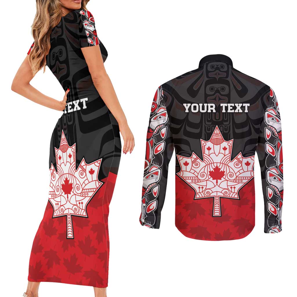 Personalised Canada Maple Leaf Couples Matching Short Sleeve Bodycon Dress and Long Sleeve Button Shirt Haida Totem Inspired Art