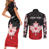 Personalised Canada Maple Leaf Couples Matching Short Sleeve Bodycon Dress and Long Sleeve Button Shirt Haida Totem Inspired Art