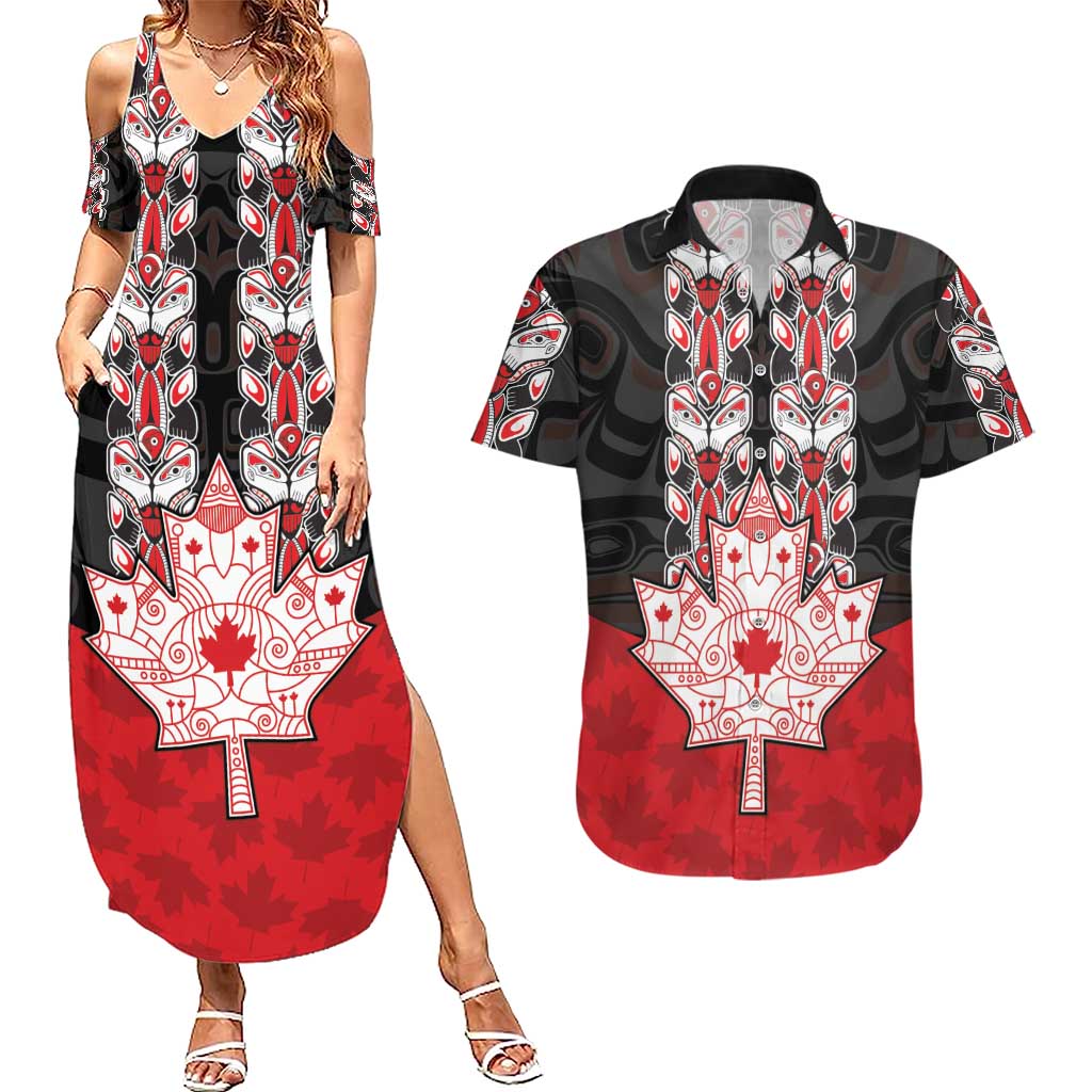 Personalised Canada Maple Leaf Couples Matching Summer Maxi Dress and Hawaiian Shirt Haida Totem Inspired Art