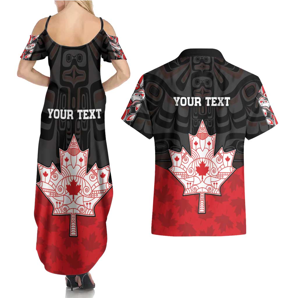 Personalised Canada Maple Leaf Couples Matching Summer Maxi Dress and Hawaiian Shirt Haida Totem Inspired Art