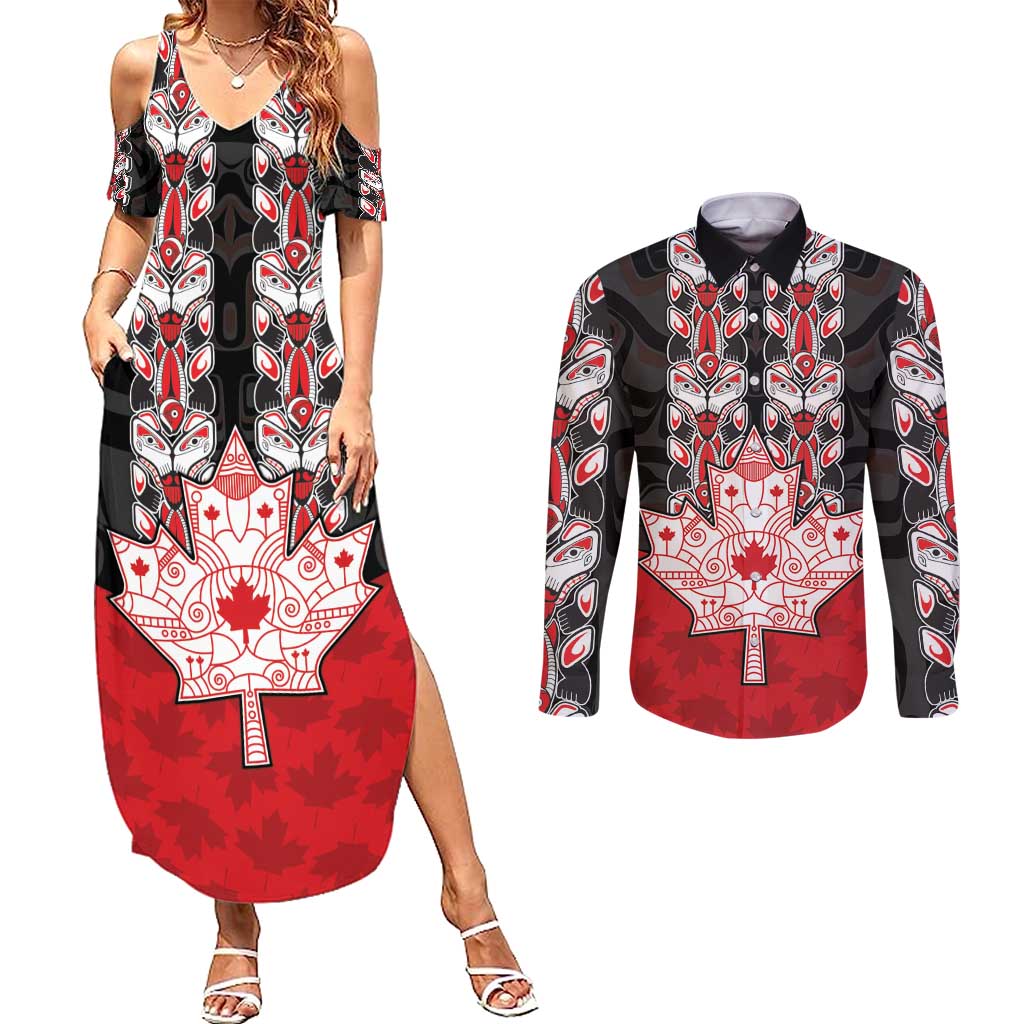 Personalised Canada Maple Leaf Couples Matching Summer Maxi Dress and Long Sleeve Button Shirt Haida Totem Inspired Art