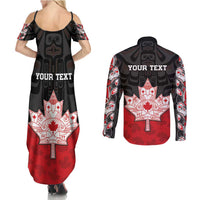 Personalised Canada Maple Leaf Couples Matching Summer Maxi Dress and Long Sleeve Button Shirt Haida Totem Inspired Art