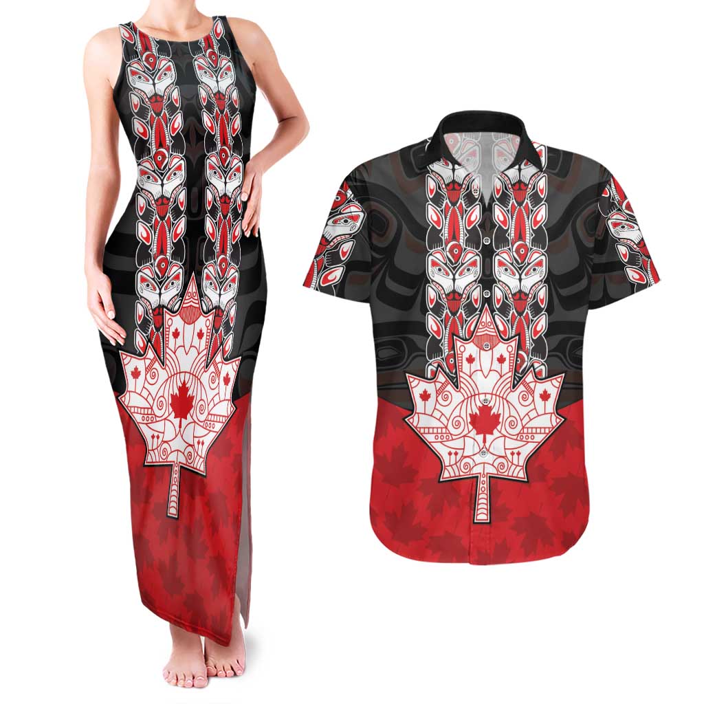 Personalised Canada Maple Leaf Couples Matching Tank Maxi Dress and Hawaiian Shirt Haida Totem Inspired Art