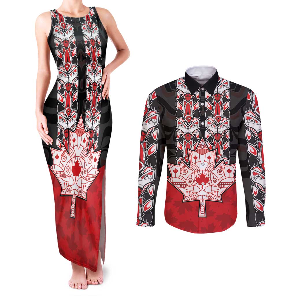 Personalised Canada Maple Leaf Couples Matching Tank Maxi Dress and Long Sleeve Button Shirt Haida Totem Inspired Art