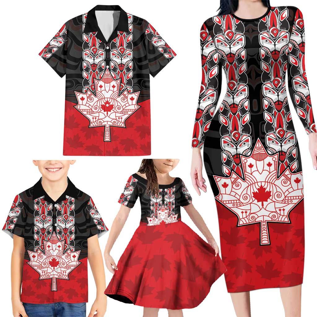 Personalised Canada Maple Leaf Family Matching Long Sleeve Bodycon Dress and Hawaiian Shirt Haida Totem Inspired Art