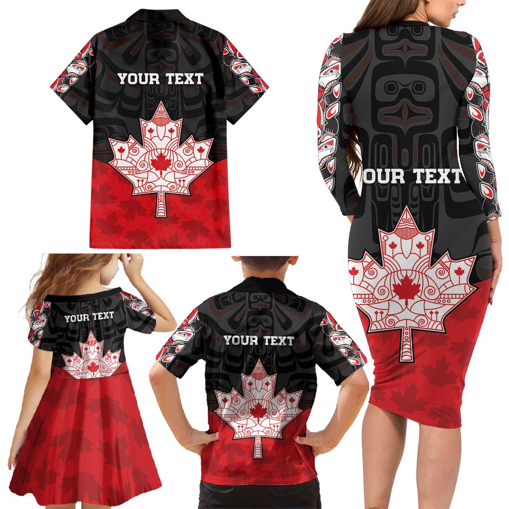 Personalised Canada Maple Leaf Family Matching Long Sleeve Bodycon Dress and Hawaiian Shirt Haida Totem Inspired Art