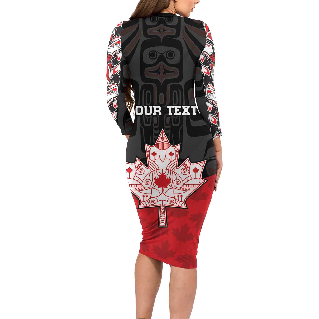 Personalised Canada Maple Leaf Family Matching Long Sleeve Bodycon Dress and Hawaiian Shirt Haida Totem Inspired Art