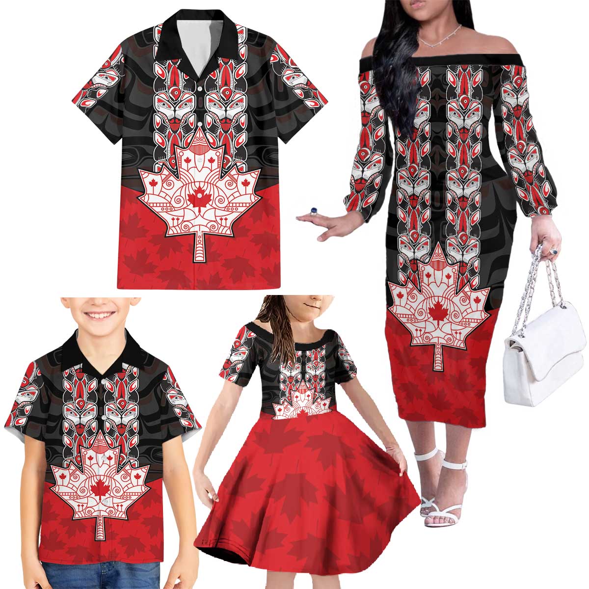 Personalised Canada Maple Leaf Family Matching Off The Shoulder Long Sleeve Dress and Hawaiian Shirt Haida Totem Inspired Art