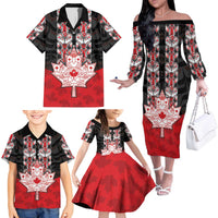 Personalised Canada Maple Leaf Family Matching Off The Shoulder Long Sleeve Dress and Hawaiian Shirt Haida Totem Inspired Art