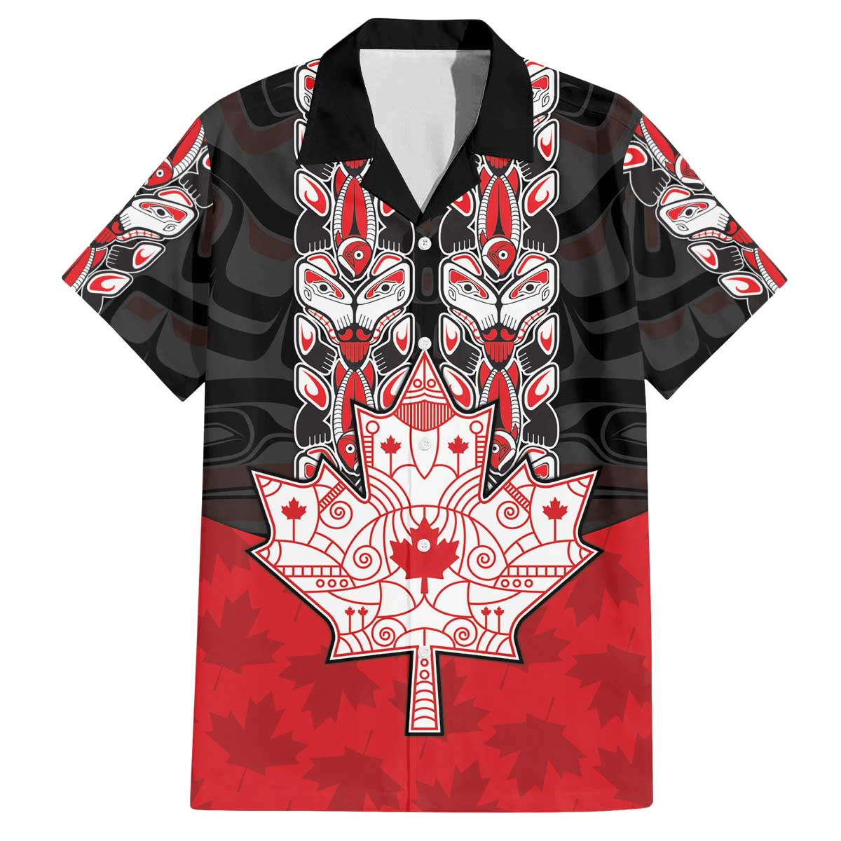 Personalised Canada Maple Leaf Family Matching Off The Shoulder Long Sleeve Dress and Hawaiian Shirt Haida Totem Inspired Art
