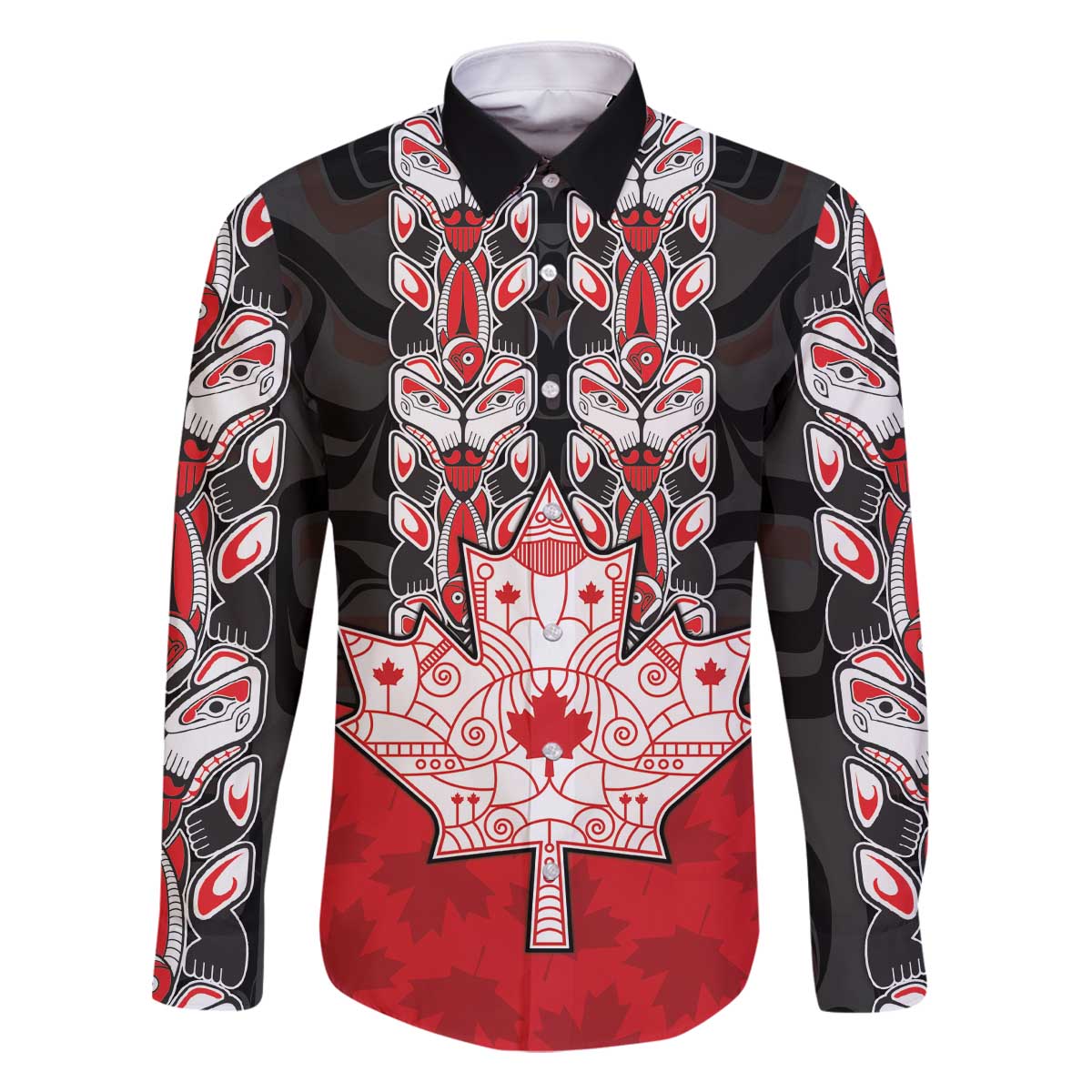 Personalised Canada Maple Leaf Family Matching Off The Shoulder Long Sleeve Dress and Hawaiian Shirt Haida Totem Inspired Art
