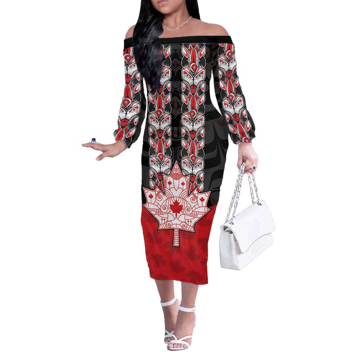 Personalised Canada Maple Leaf Family Matching Off The Shoulder Long Sleeve Dress and Hawaiian Shirt Haida Totem Inspired Art