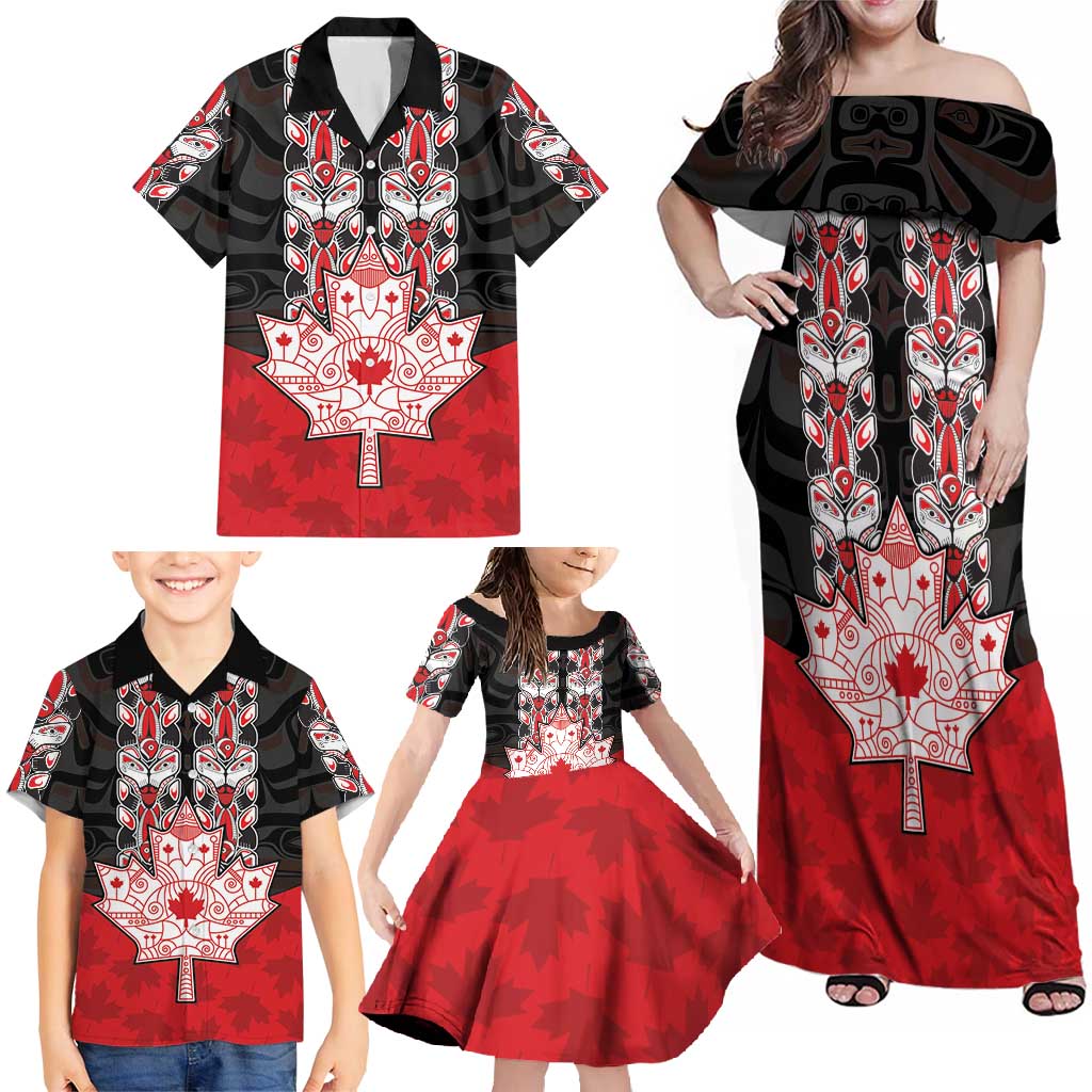 Personalised Canada Maple Leaf Family Matching Off Shoulder Maxi Dress and Hawaiian Shirt Haida Totem Inspired Art