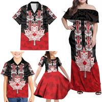 Personalised Canada Maple Leaf Family Matching Off Shoulder Maxi Dress and Hawaiian Shirt Haida Totem Inspired Art