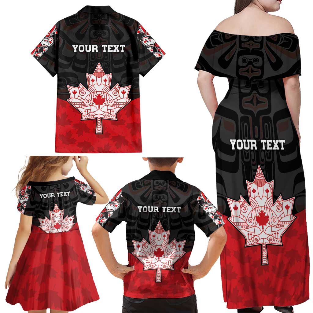 Personalised Canada Maple Leaf Family Matching Off Shoulder Maxi Dress and Hawaiian Shirt Haida Totem Inspired Art
