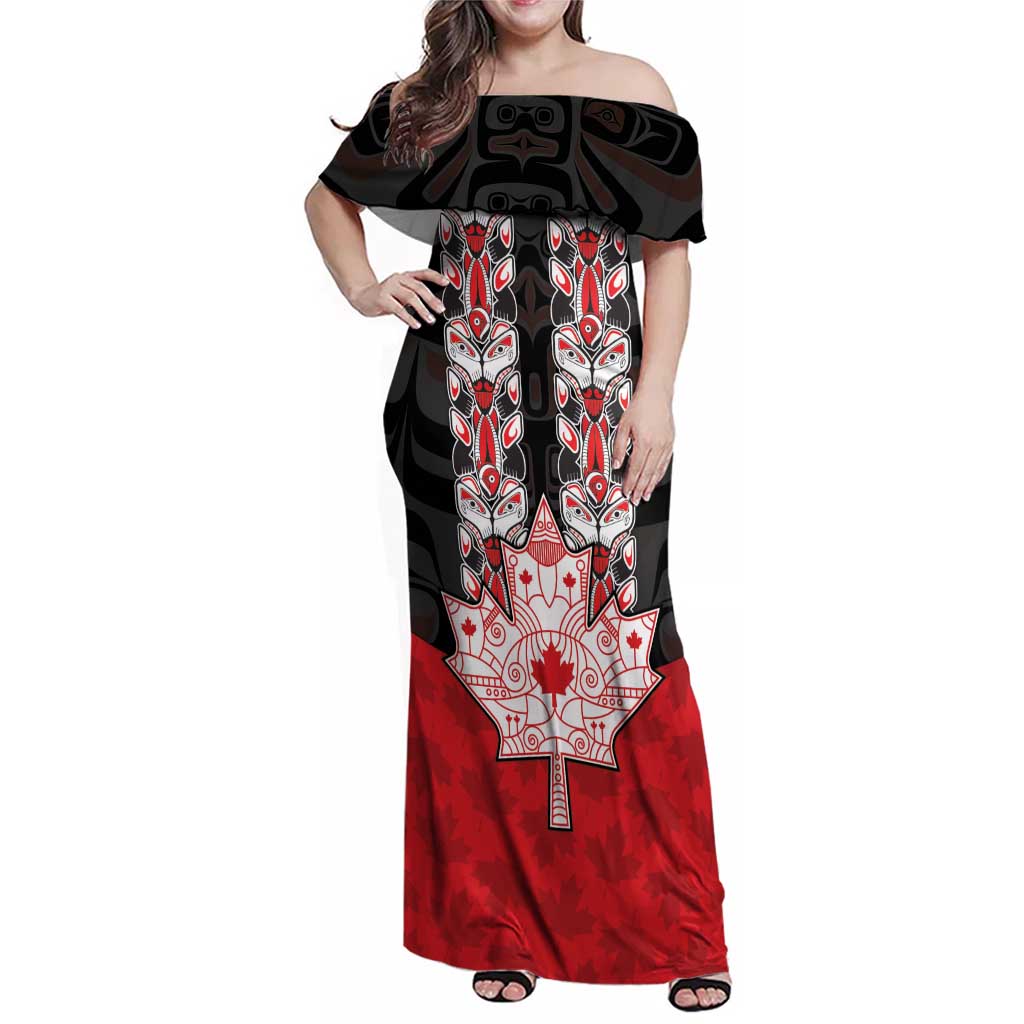 Personalised Canada Maple Leaf Family Matching Off Shoulder Maxi Dress and Hawaiian Shirt Haida Totem Inspired Art