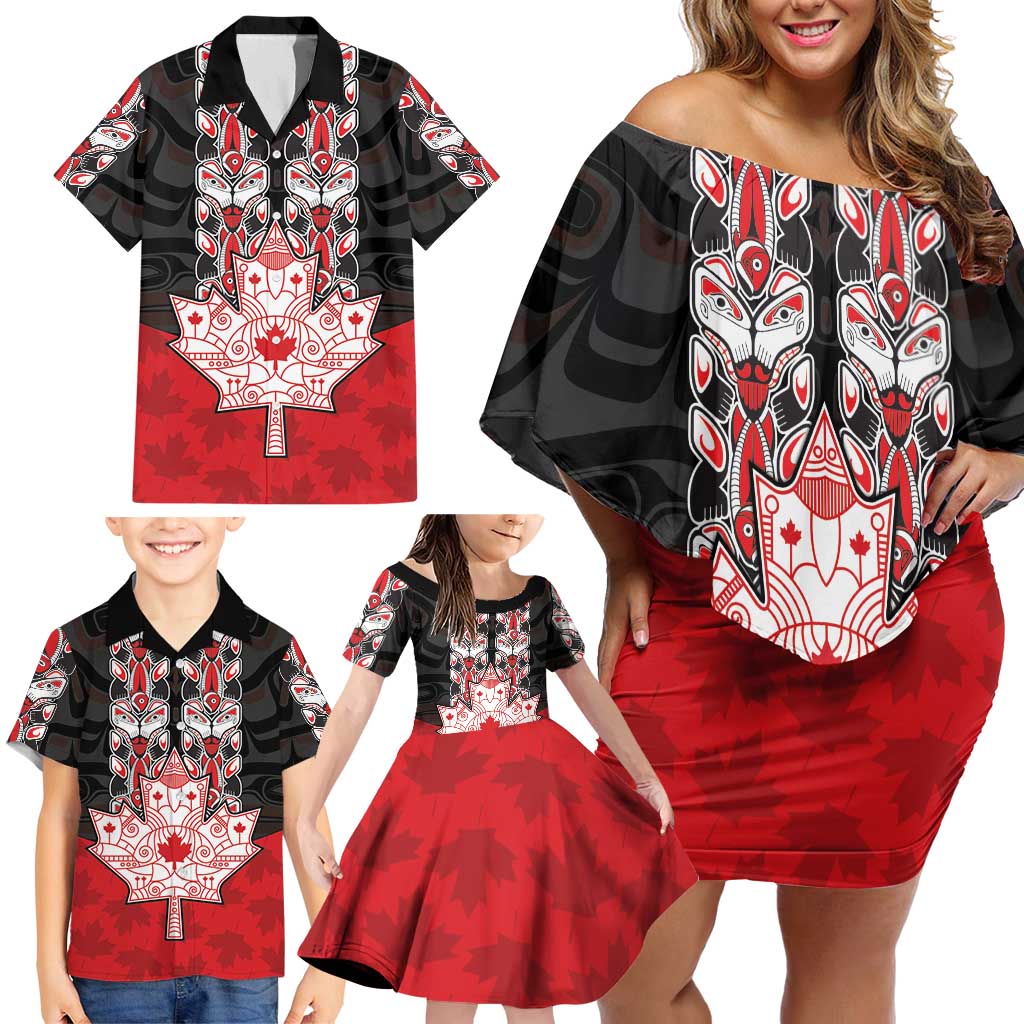 Personalised Canada Maple Leaf Family Matching Off Shoulder Short Dress and Hawaiian Shirt Haida Totem Inspired Art