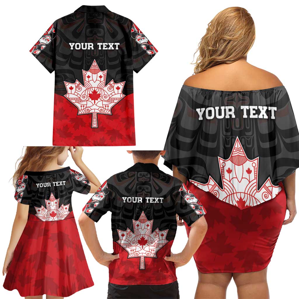 Personalised Canada Maple Leaf Family Matching Off Shoulder Short Dress and Hawaiian Shirt Haida Totem Inspired Art