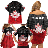 Personalised Canada Maple Leaf Family Matching Off Shoulder Short Dress and Hawaiian Shirt Haida Totem Inspired Art