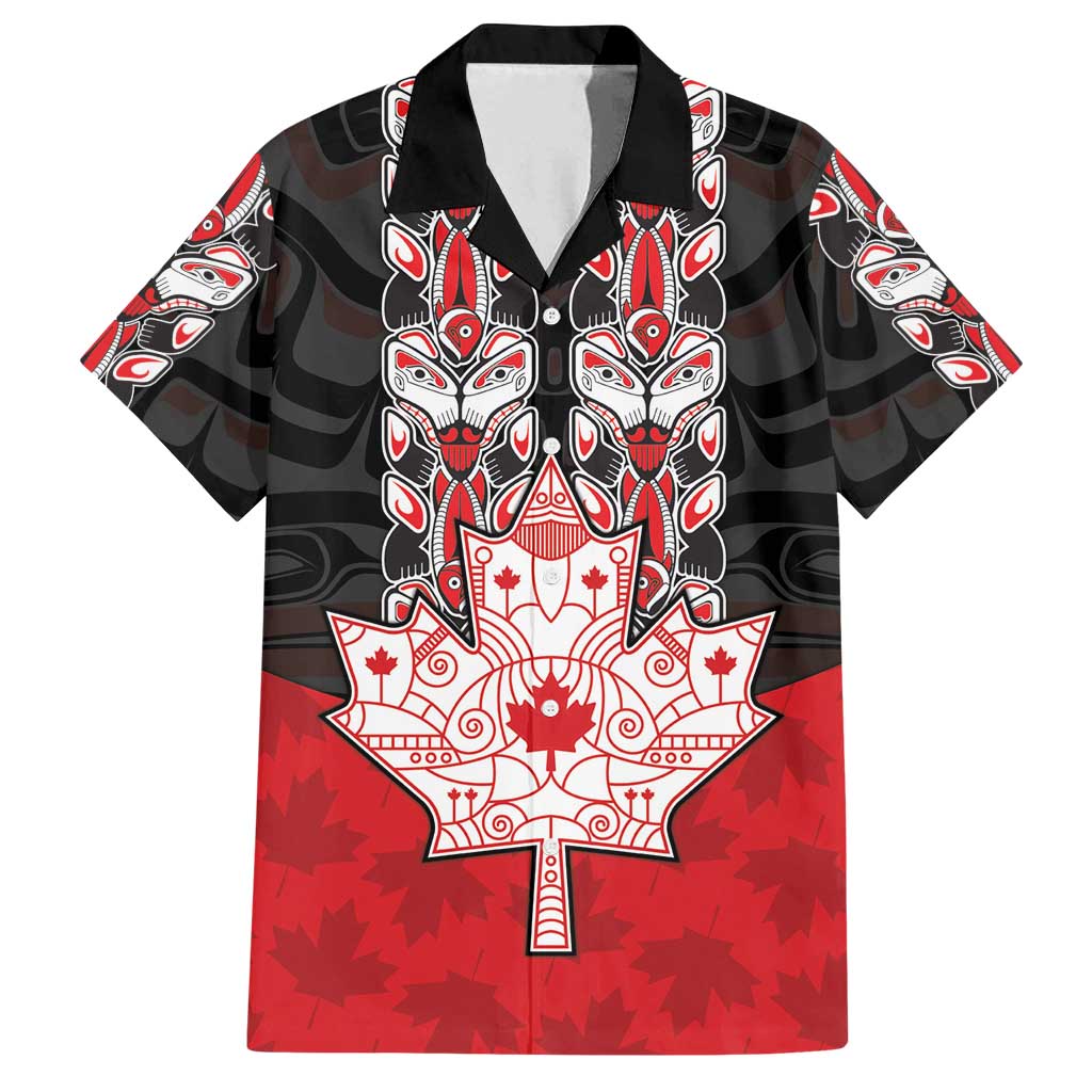 Personalised Canada Maple Leaf Family Matching Off Shoulder Short Dress and Hawaiian Shirt Haida Totem Inspired Art