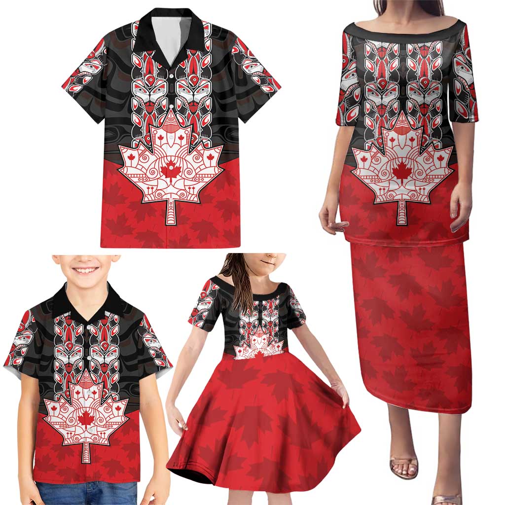 Personalised Canada Maple Leaf Family Matching Puletasi and Hawaiian Shirt Haida Totem Inspired Art