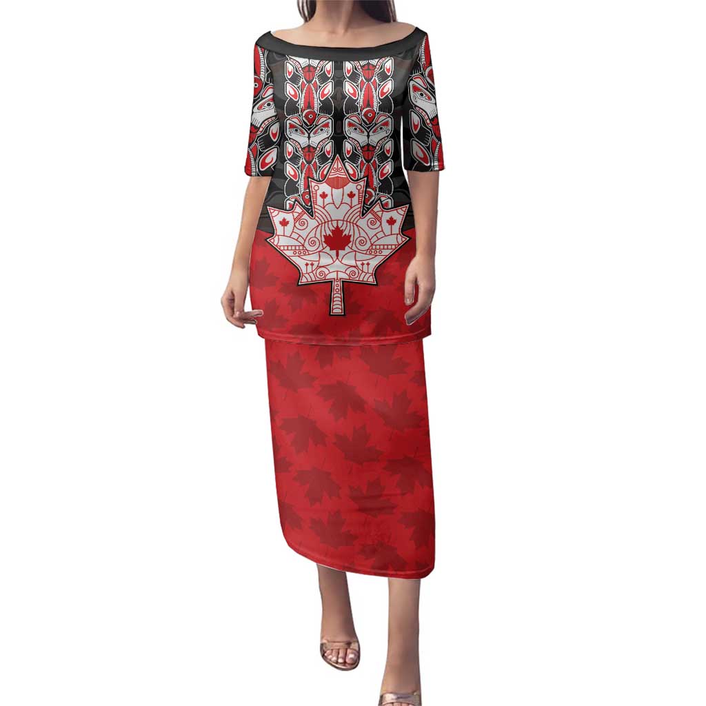 Personalised Canada Maple Leaf Family Matching Puletasi and Hawaiian Shirt Haida Totem Inspired Art