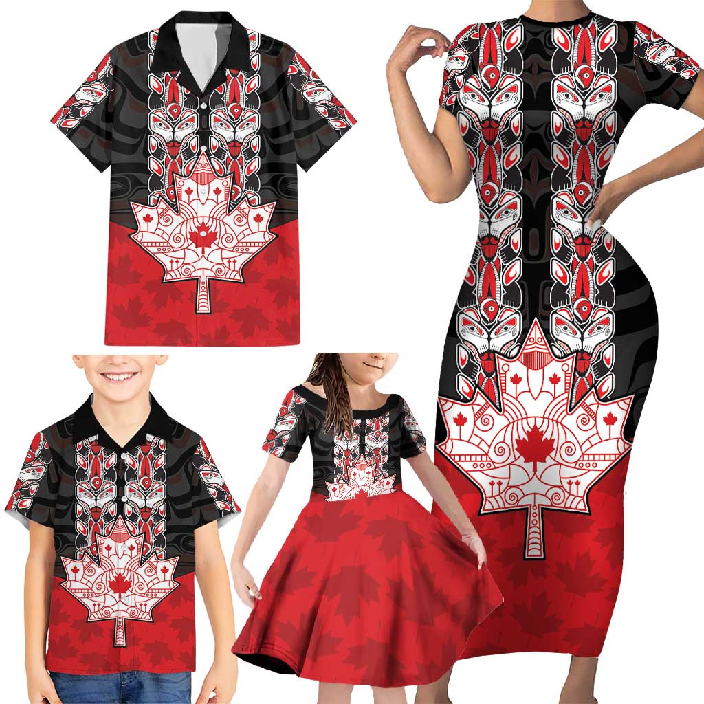 Personalised Canada Maple Leaf Family Matching Short Sleeve Bodycon Dress and Hawaiian Shirt Haida Totem Inspired Art
