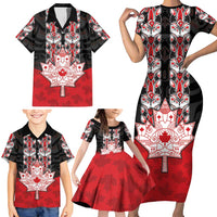 Personalised Canada Maple Leaf Family Matching Short Sleeve Bodycon Dress and Hawaiian Shirt Haida Totem Inspired Art