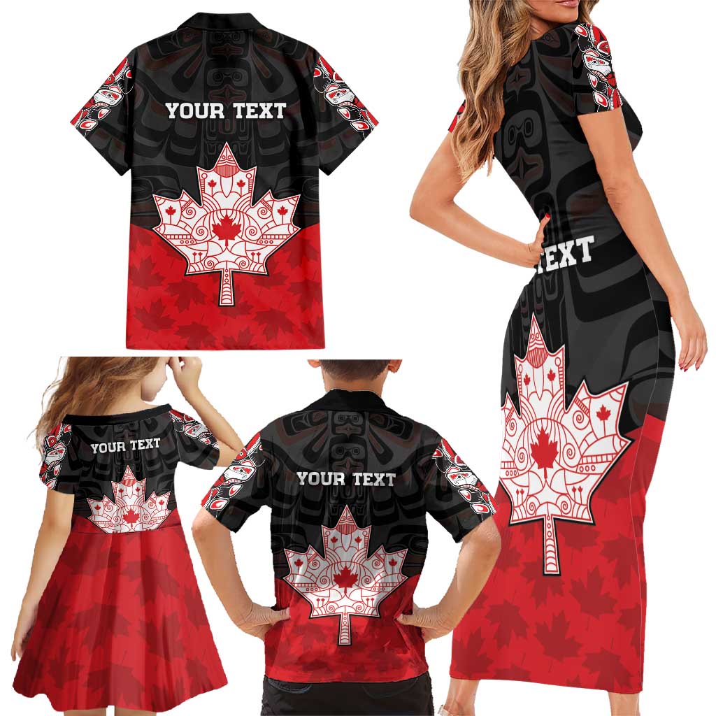 Personalised Canada Maple Leaf Family Matching Short Sleeve Bodycon Dress and Hawaiian Shirt Haida Totem Inspired Art