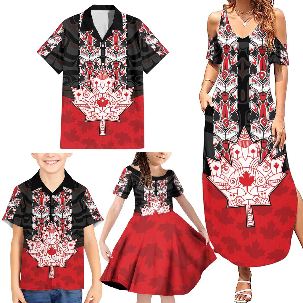 Personalised Canada Maple Leaf Family Matching Summer Maxi Dress and Hawaiian Shirt Haida Totem Inspired Art