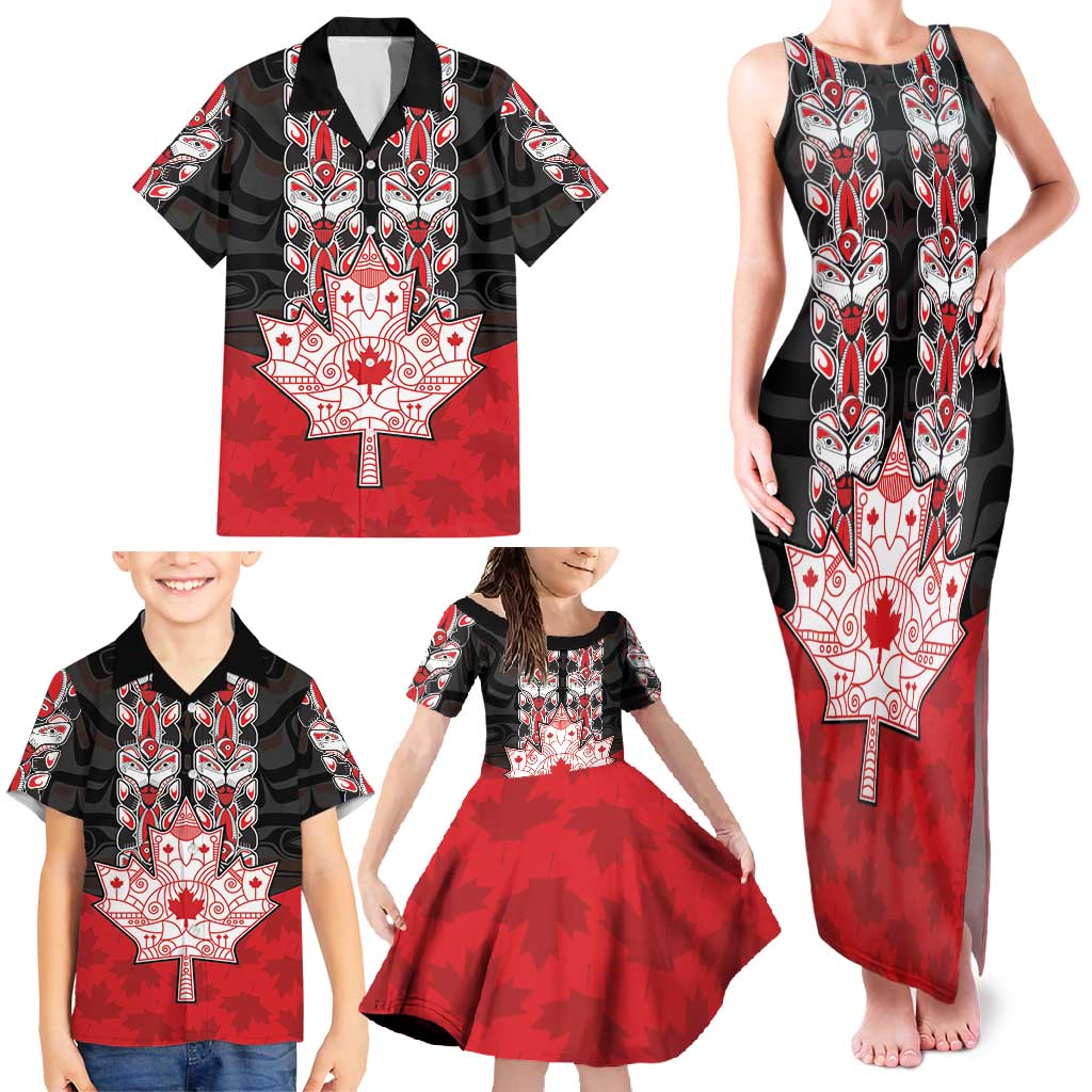 Personalised Canada Maple Leaf Family Matching Tank Maxi Dress and Hawaiian Shirt Haida Totem Inspired Art