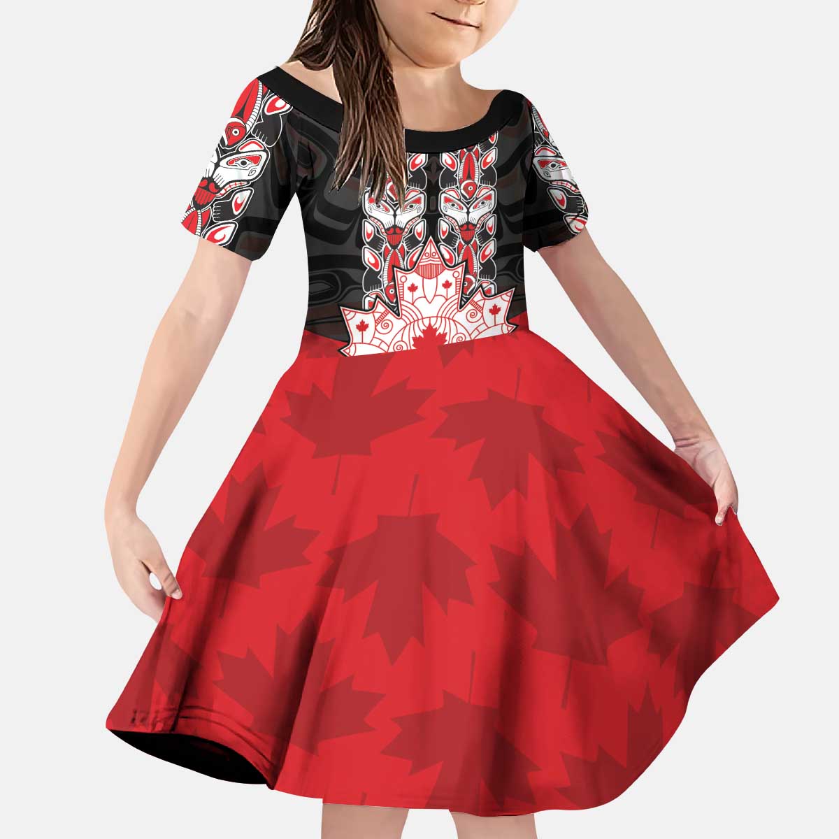 Personalised Canada Maple Leaf Kid Short Sleeve Dress Haida Totem Inspired Art