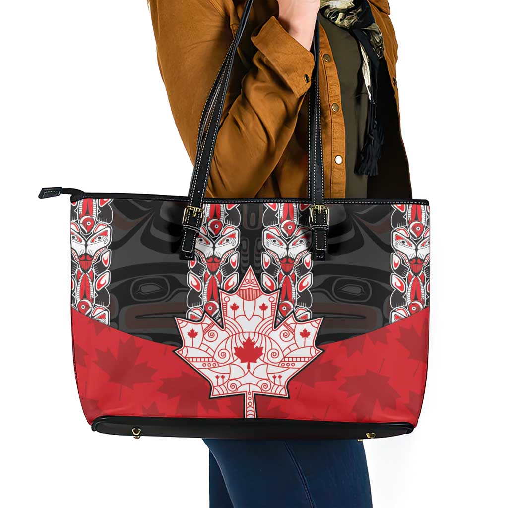 Canada Maple Leaf Leather Tote Bag Haida Totem Inspired Art