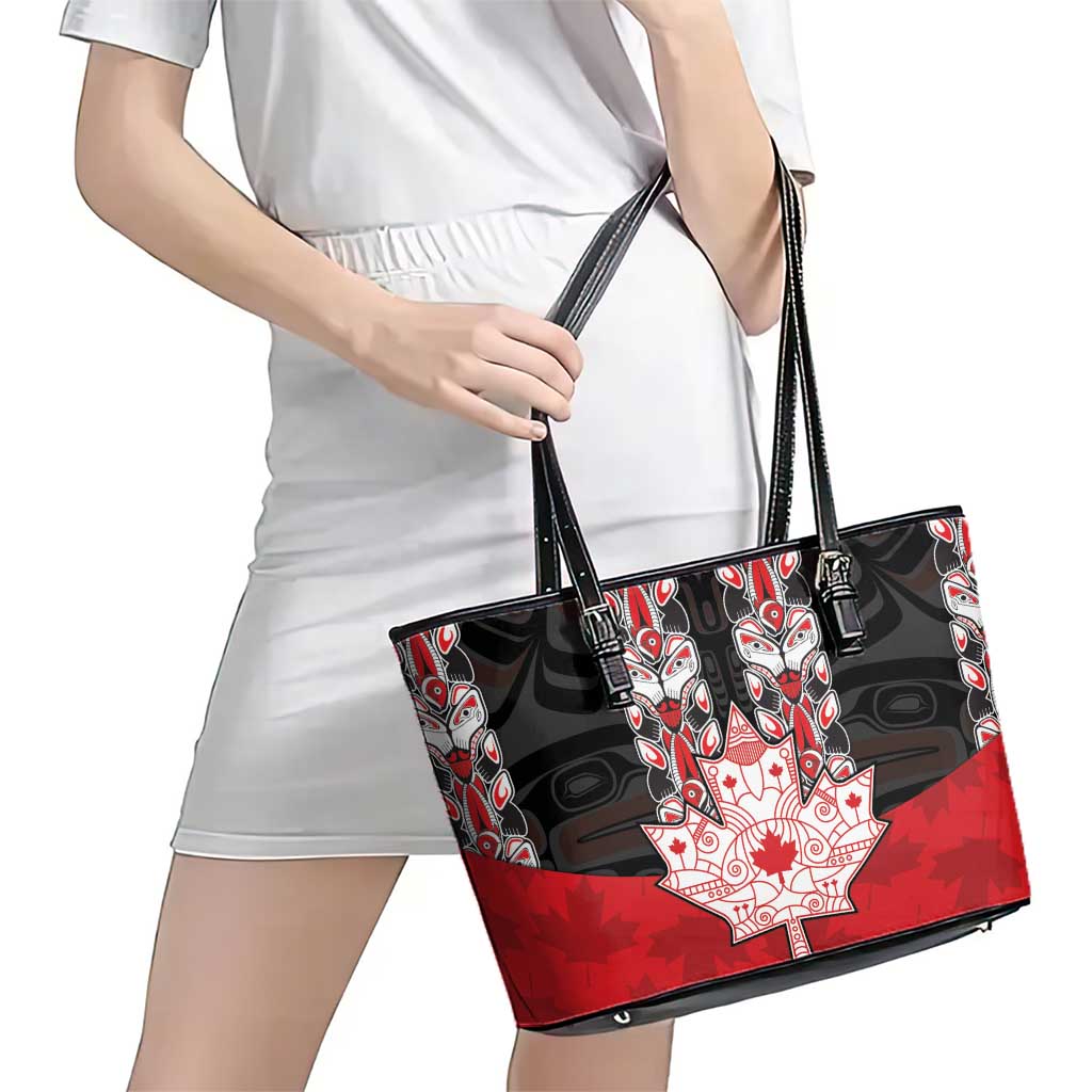 Canada Maple Leaf Leather Tote Bag Haida Totem Inspired Art