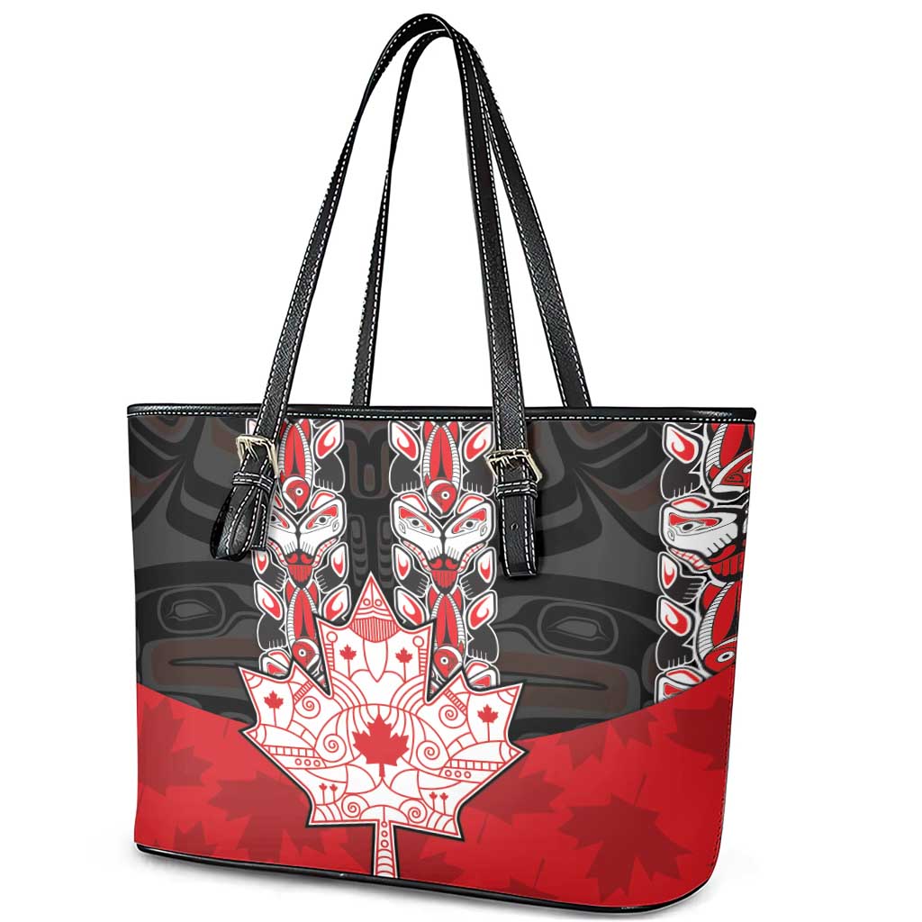 Canada Maple Leaf Leather Tote Bag Haida Totem Inspired Art