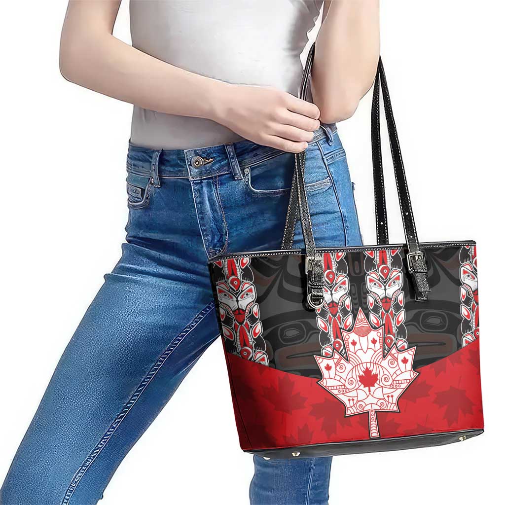 Canada Maple Leaf Leather Tote Bag Haida Totem Inspired Art