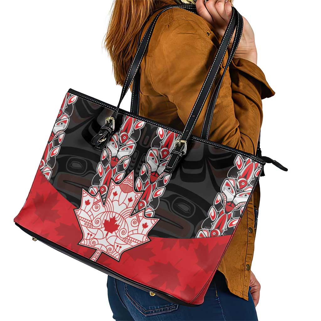 Canada Maple Leaf Leather Tote Bag Haida Totem Inspired Art
