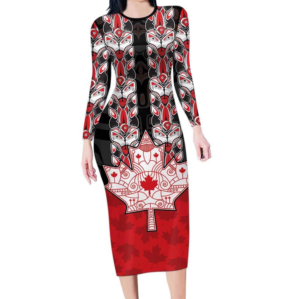 Personalised Canada Maple Leaf Long Sleeve Bodycon Dress Haida Totem Inspired Art