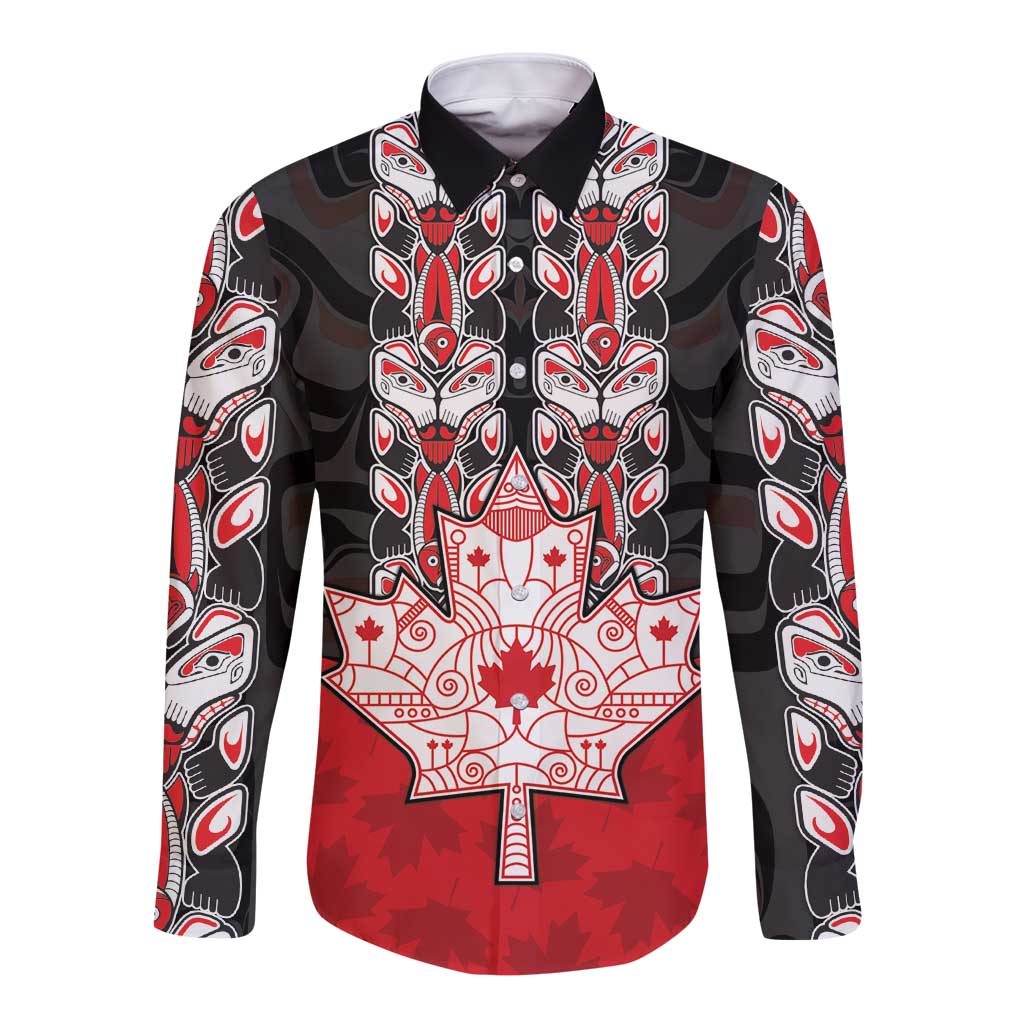 Personalised Canada Maple Leaf Long Sleeve Button Shirt Haida Totem Inspired Art