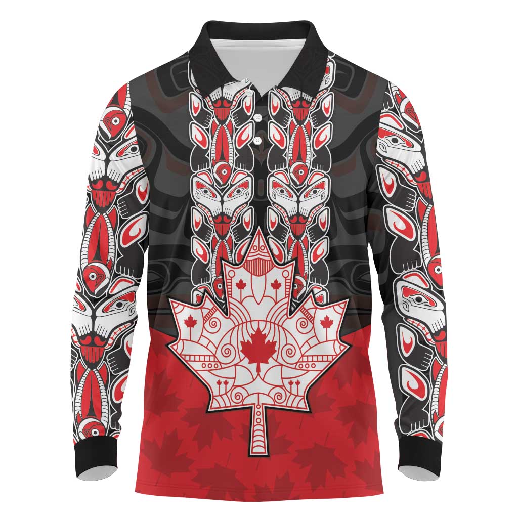 Personalised Canada Maple Leaf Long Sleeve Polo Shirt Haida Totem Inspired Art