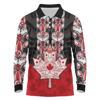 Personalised Canada Maple Leaf Long Sleeve Polo Shirt Haida Totem Inspired Art