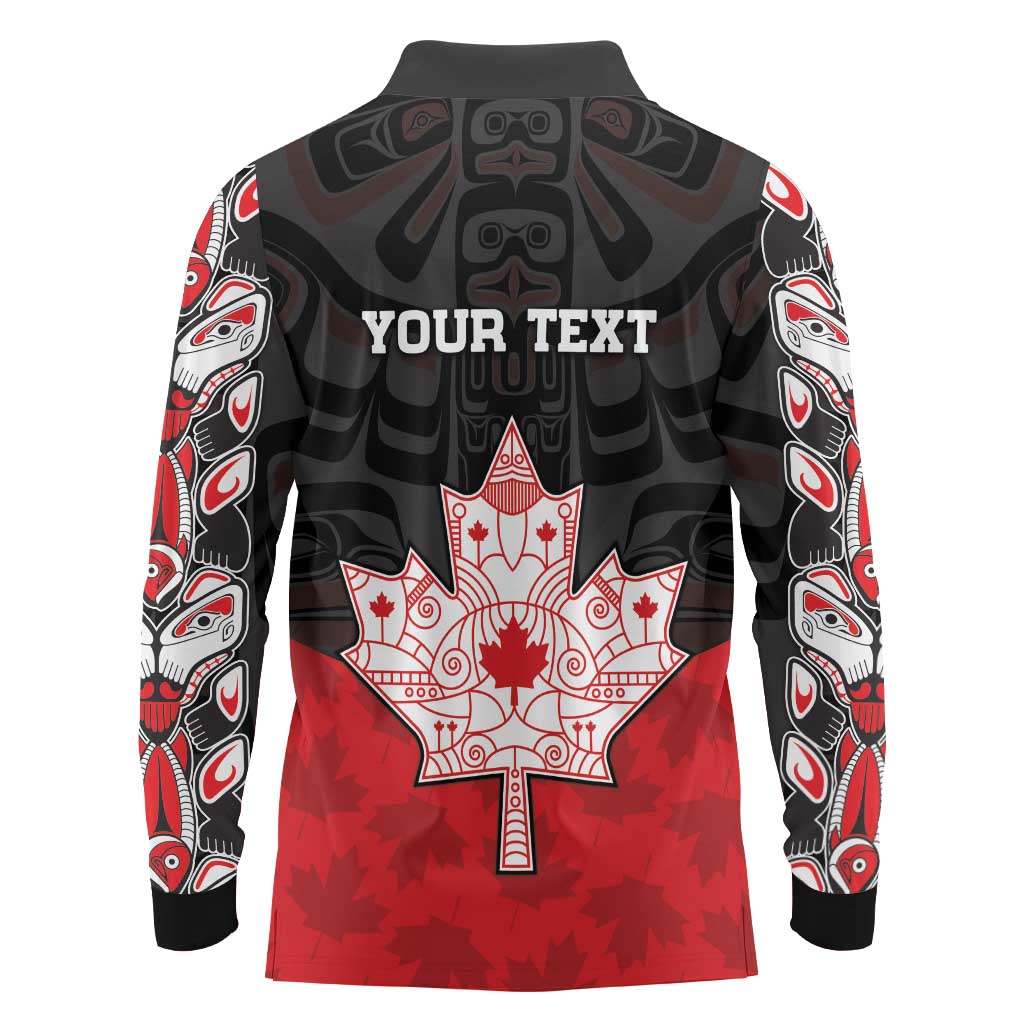 Personalised Canada Maple Leaf Long Sleeve Polo Shirt Haida Totem Inspired Art