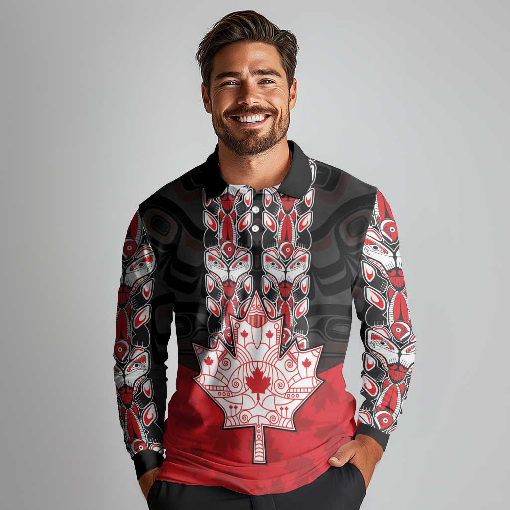Personalised Canada Maple Leaf Long Sleeve Polo Shirt Haida Totem Inspired Art