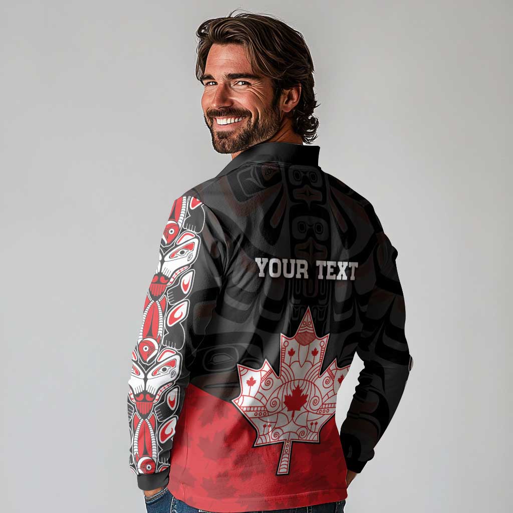 Personalised Canada Maple Leaf Long Sleeve Polo Shirt Haida Totem Inspired Art