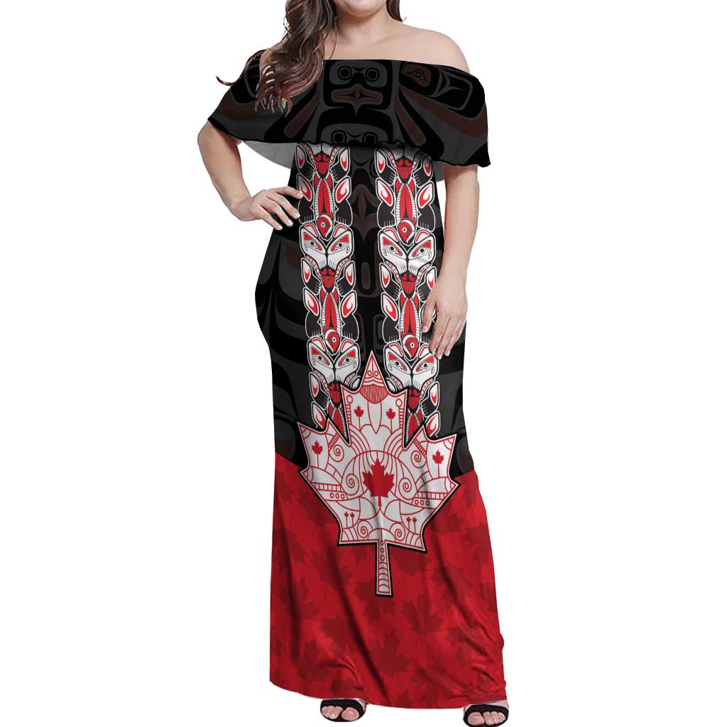 Personalised Canada Maple Leaf Off Shoulder Maxi Dress Haida Totem Inspired Art