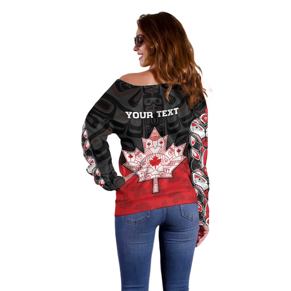 Personalised Canada Maple Leaf Off Shoulder Sweater Haida Totem Inspired Art